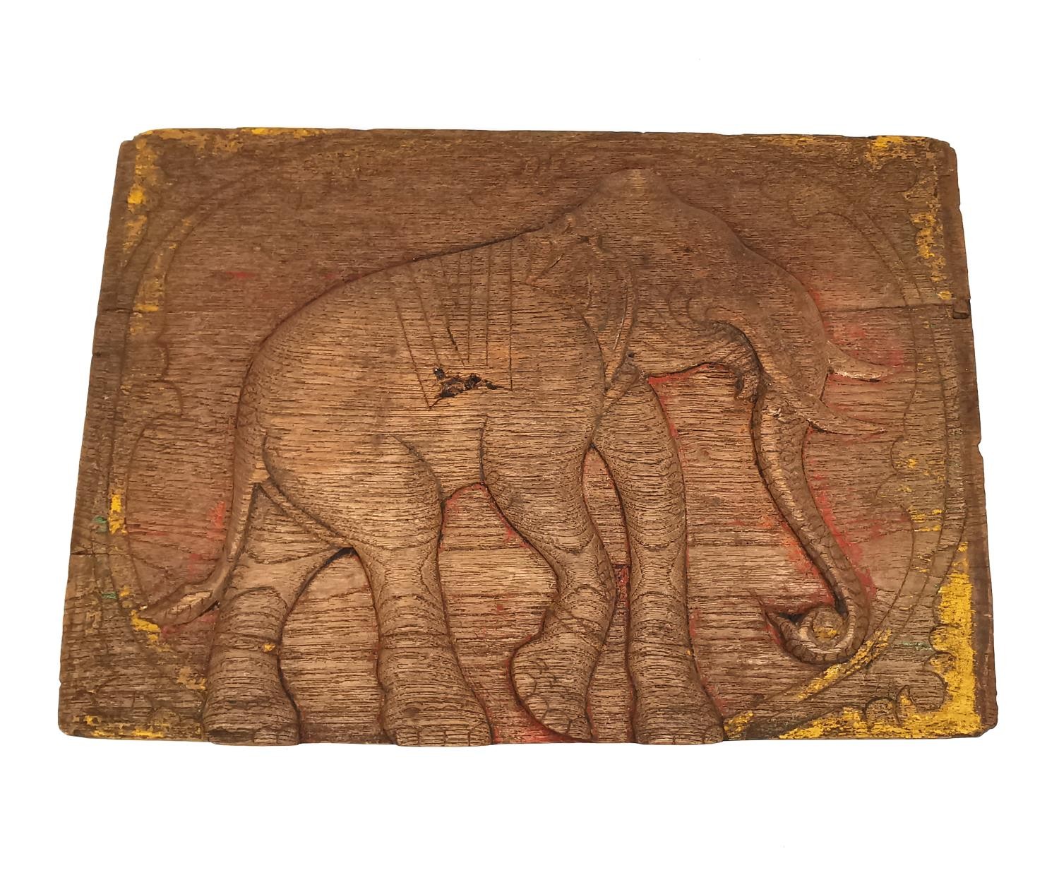 A 19th Century Indian brass lockable spice box and craved hardwood elephant design panel. L.16 D. - Image 8 of 12