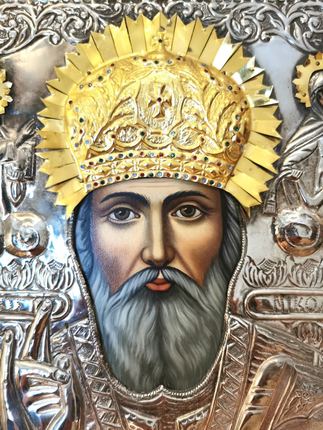 A large Mid-century silver Greek Orthodox icon on board of Saint Frances. Hand painted faces and - Image 3 of 9