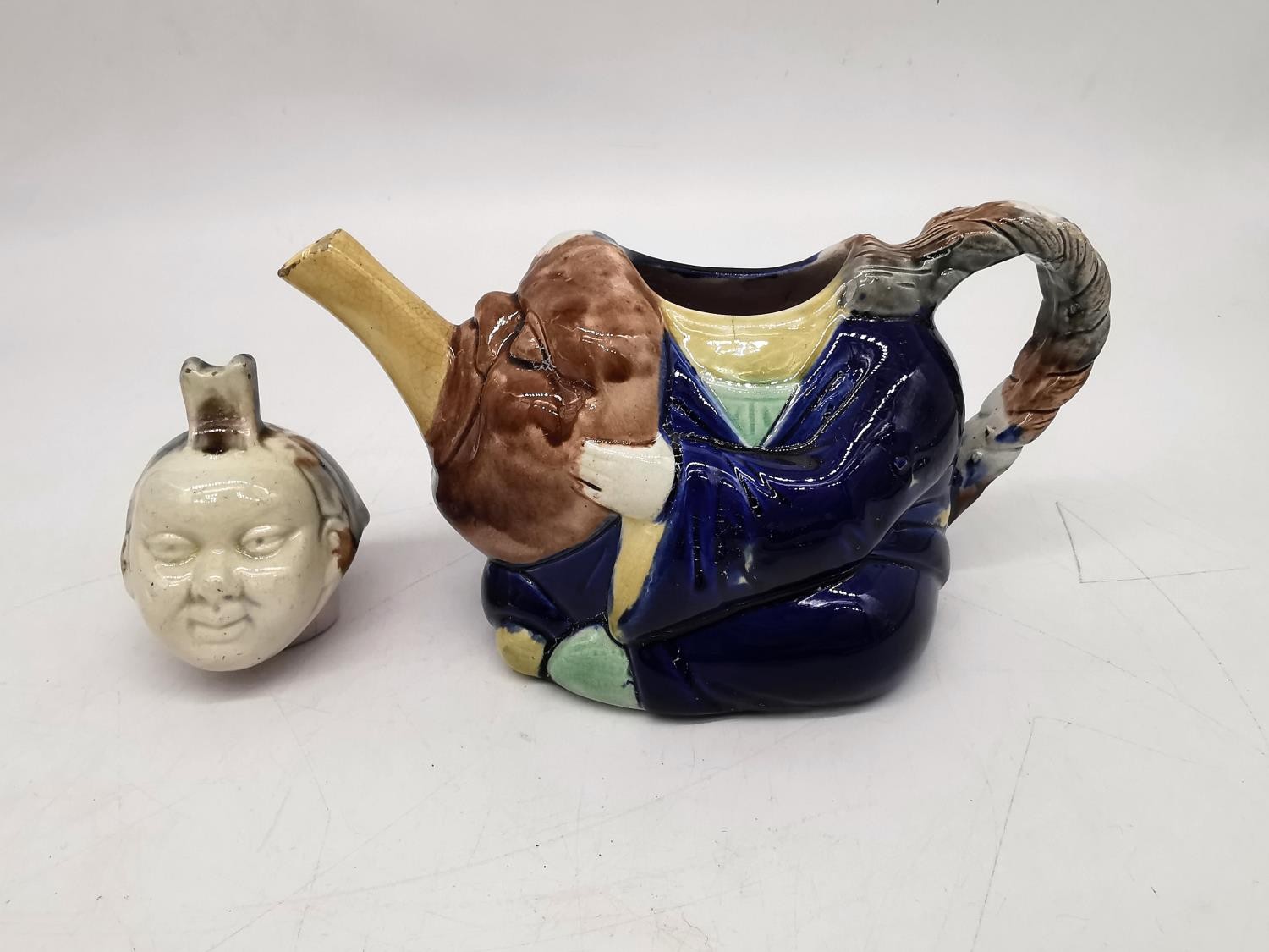 A 19th century Minton Majolica teapot of an oriental china man in cobalt robe, holding a Noh mask - Image 6 of 10