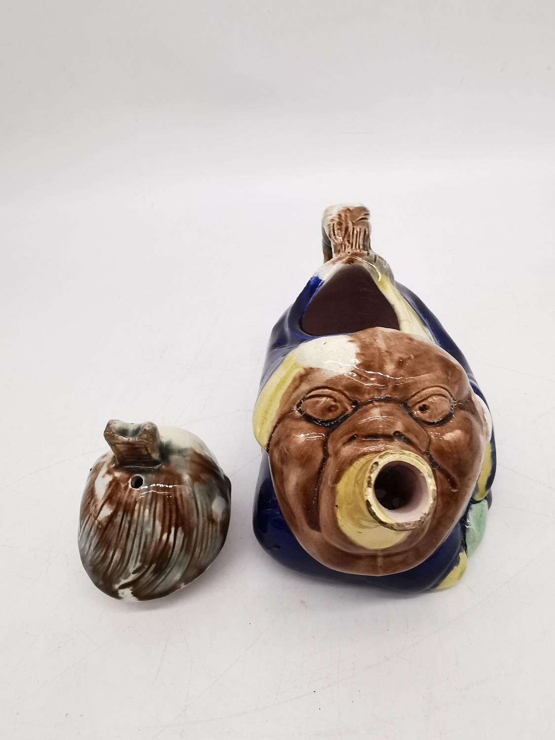 A 19th century Minton Majolica teapot of an oriental china man in cobalt robe, holding a Noh mask - Image 8 of 10