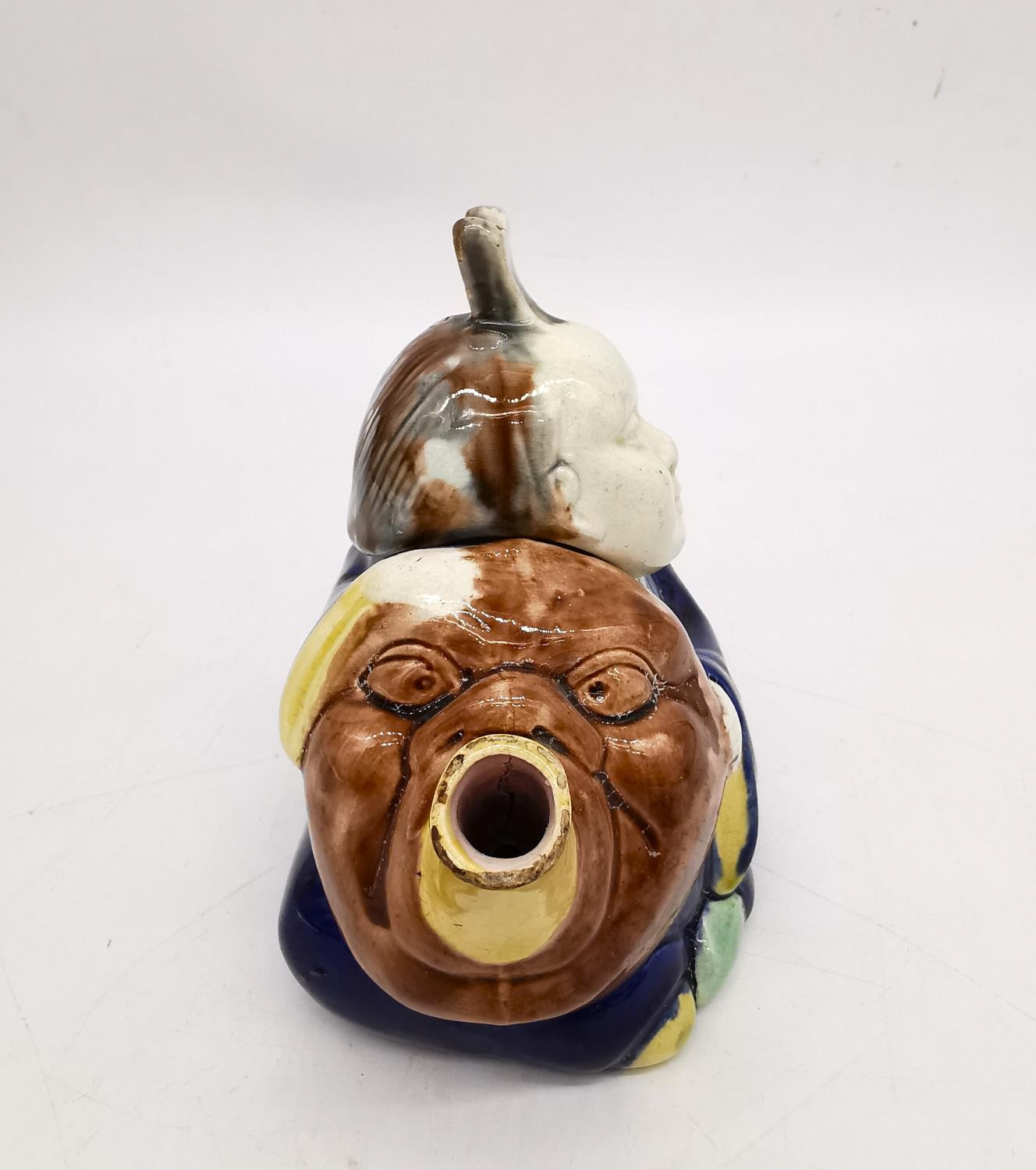 A 19th century Minton Majolica teapot of an oriental china man in cobalt robe, holding a Noh mask - Image 3 of 10