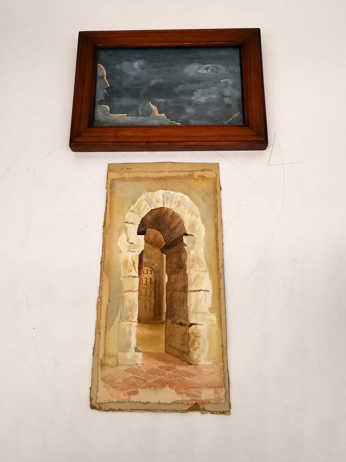 A framed and glazed surrealist water colour signed Richard Greenough along with an unsigned water