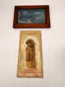 A framed and glazed surrealist water colour signed Richard Greenough along with an unsigned water