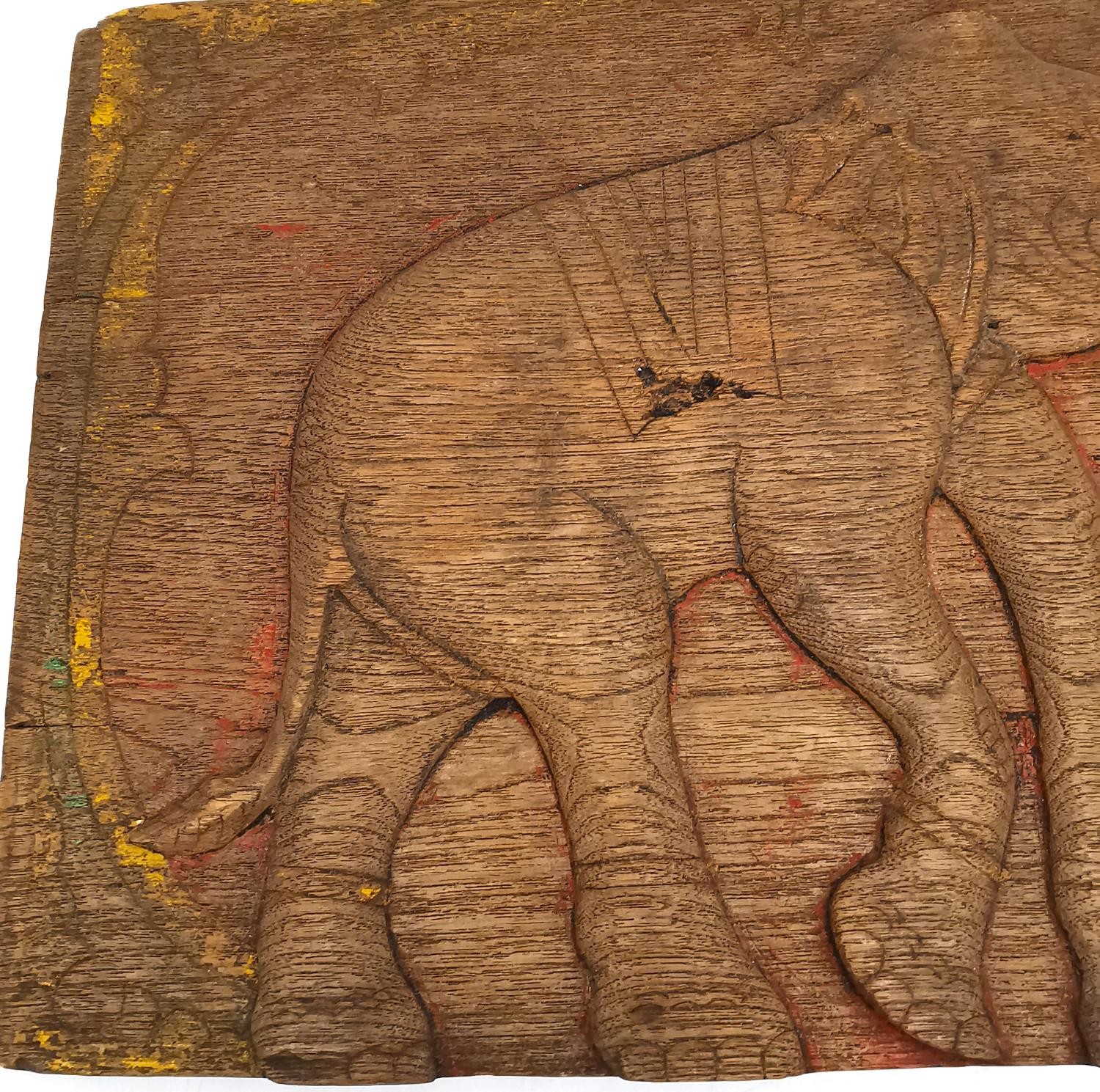 A 19th Century Indian brass lockable spice box and craved hardwood elephant design panel. L.16 D. - Image 10 of 12