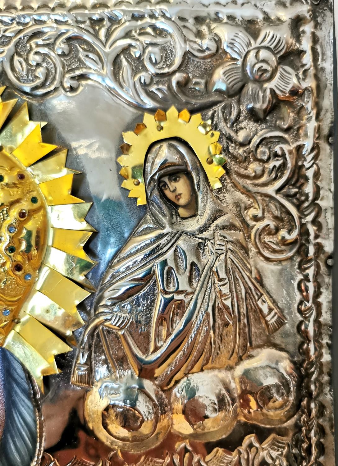 A large Mid-century silver Greek Orthodox icon on board of Saint Frances. Hand painted faces and - Image 5 of 9