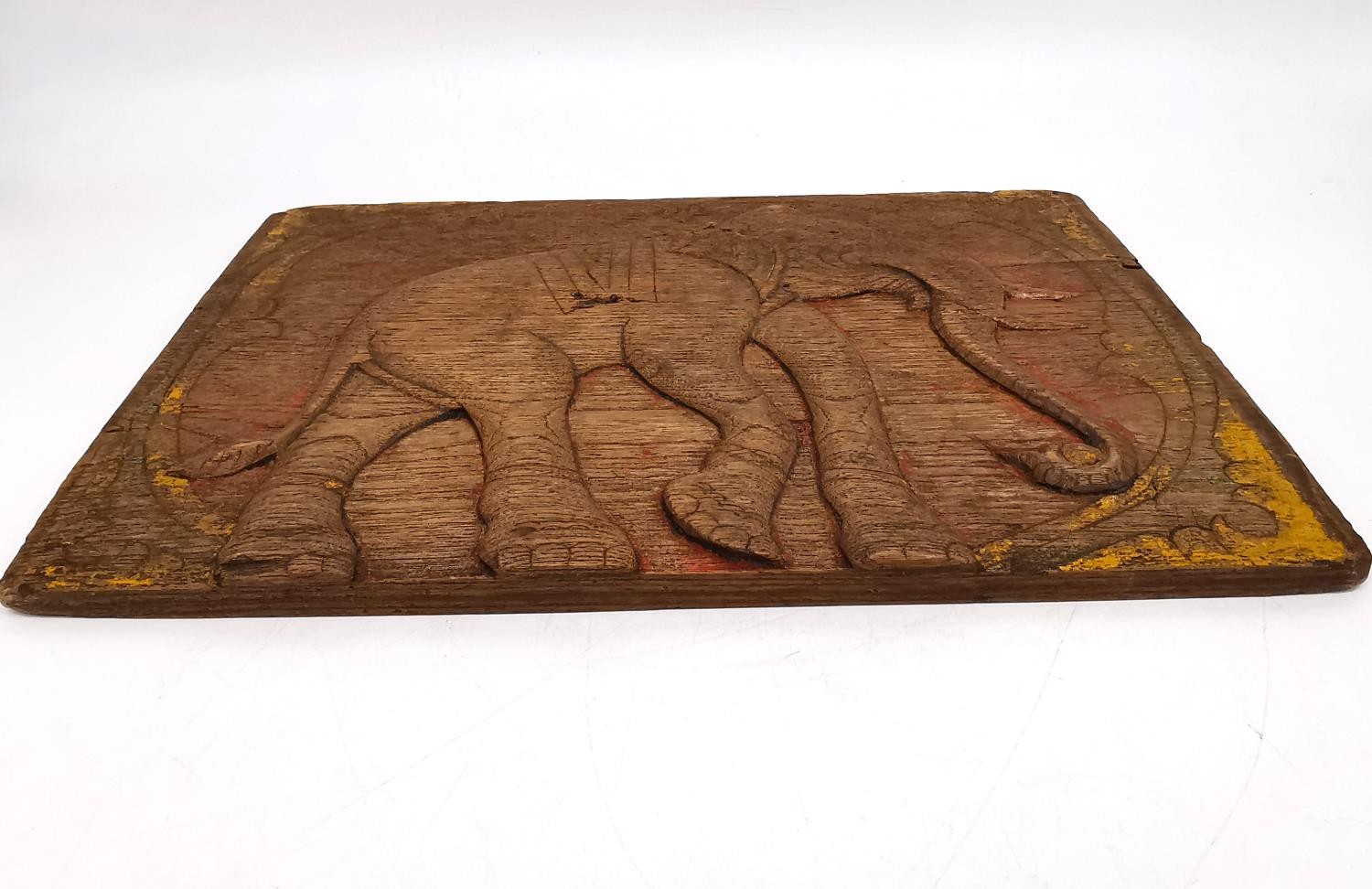 A 19th Century Indian brass lockable spice box and craved hardwood elephant design panel. L.16 D. - Image 12 of 12