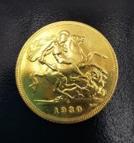 Australia, King George V, 1930 gold sovereign. "P" Perth mint mark, contained in coin capsule.