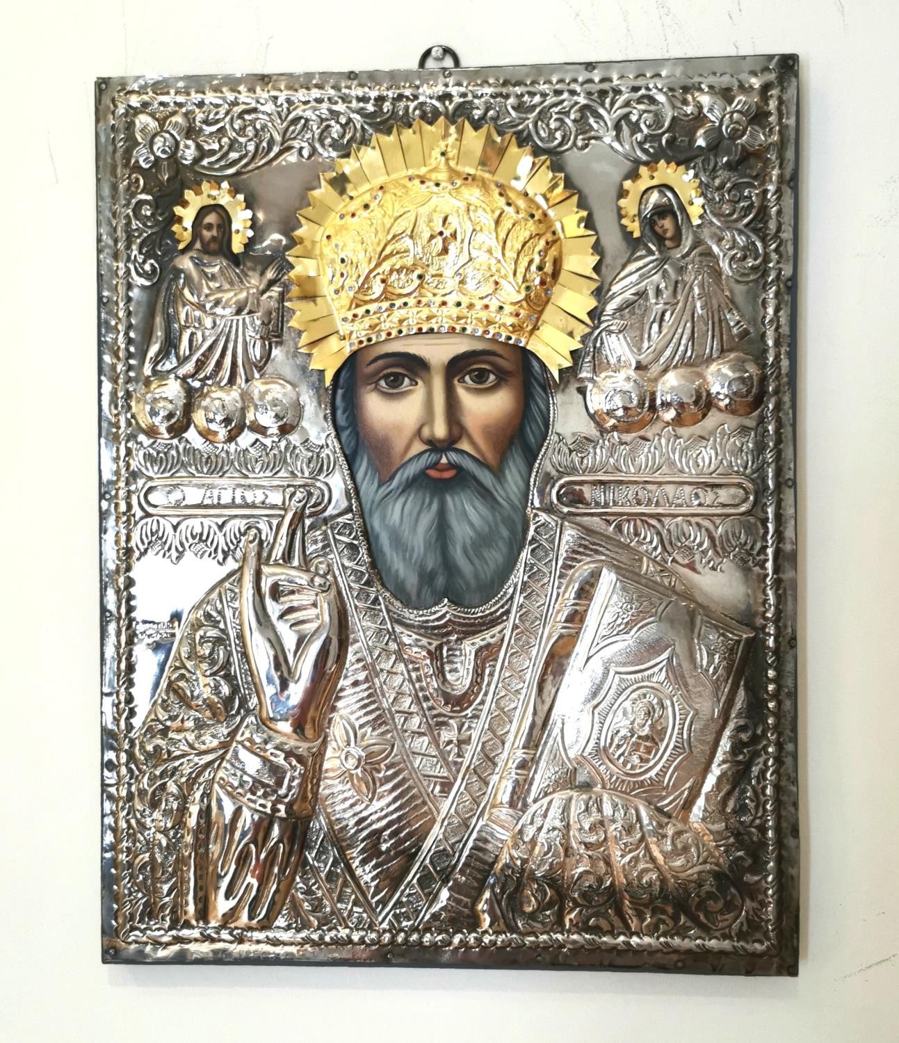 A large Mid-century silver Greek Orthodox icon on board of Saint Frances. Hand painted faces and - Image 2 of 9