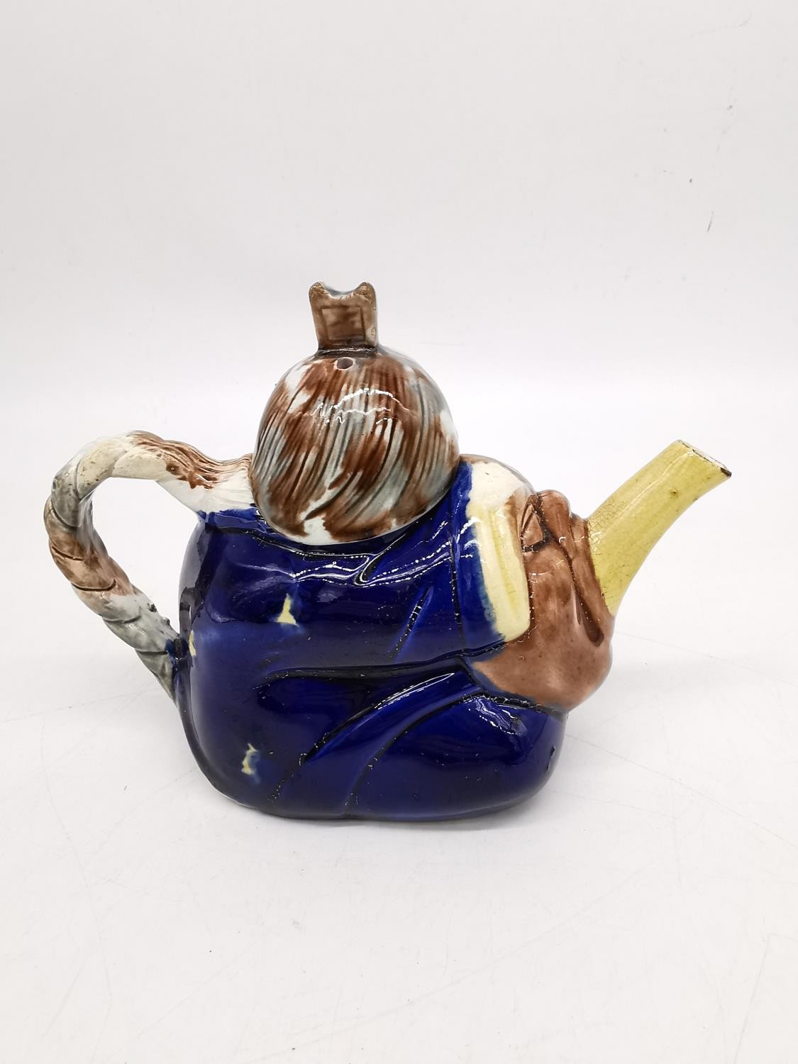 A 19th century Minton Majolica teapot of an oriental china man in cobalt robe, holding a Noh mask - Image 4 of 10