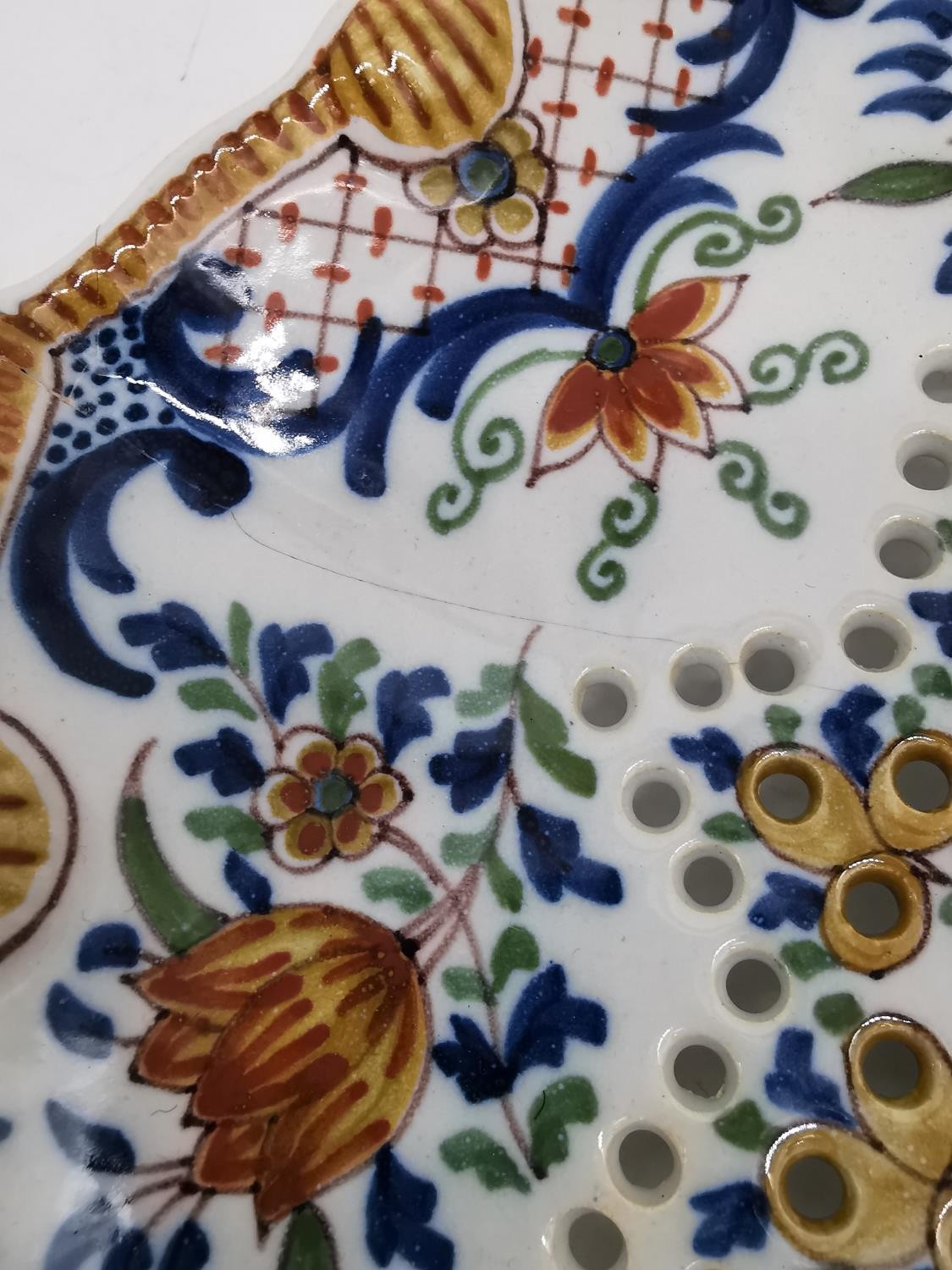 A 19th century faience hand painted ceramic fruit colander along with a Sitzendorf Art Deco exotic - Image 3 of 9