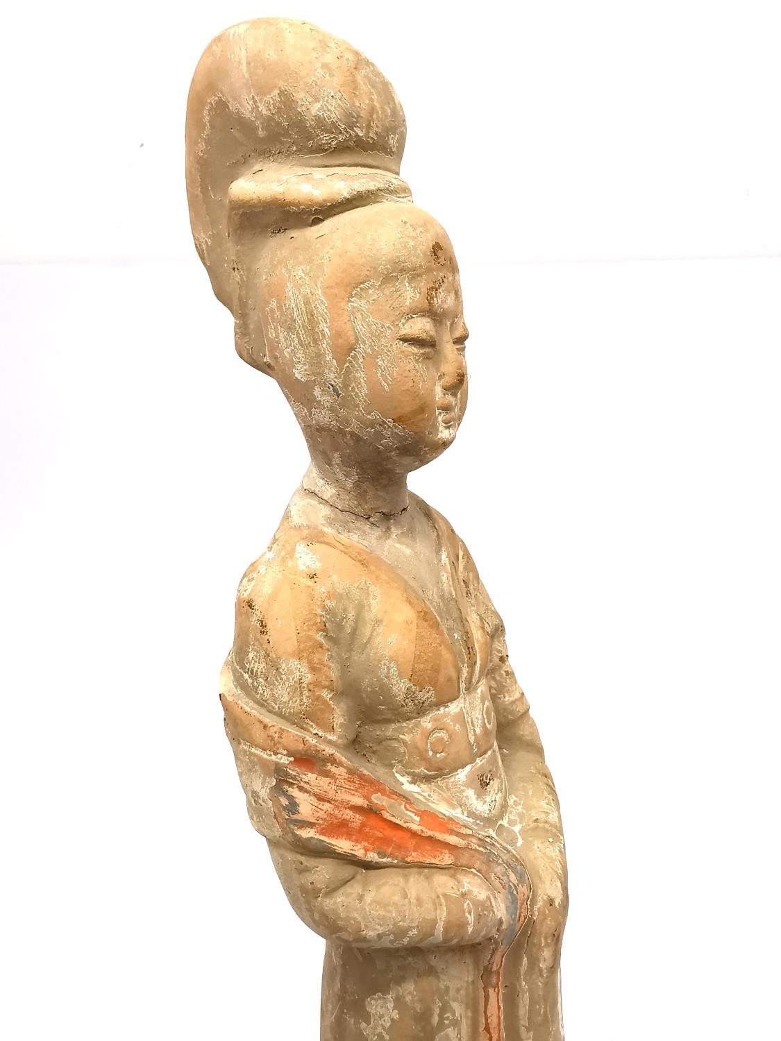 Two Chinese Han-style painted terracotta figurines, one of a female attendant and one of a - Image 18 of 20