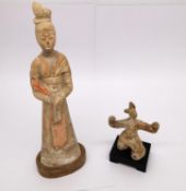 Two Chinese Han-style painted terracotta figurines, one of a female attendant and one of a