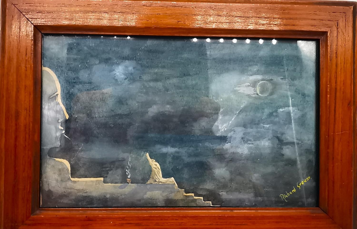 A framed and glazed surrealist water colour signed Richard Greenough along with an unsigned water - Image 2 of 8