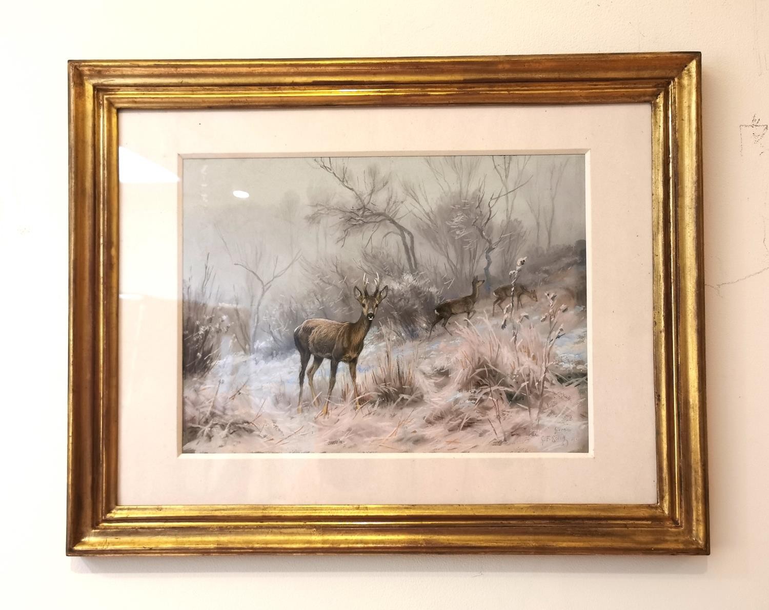 Georges Frédéric Rötig, French, (1873 - 1961), gouache and graphite on paper, deer in a winter - Image 2 of 7