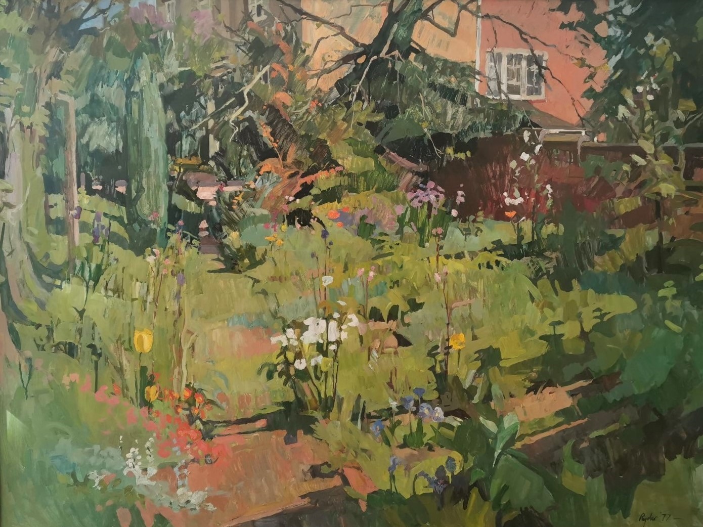 Susan Ryder, British, (1944-), oil on board of country garden, signed and dated. H.137 W.106cm.