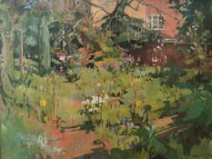 Susan Ryder, British, (1944-), oil on board of country garden, signed and dated. H.137 W.106cm.