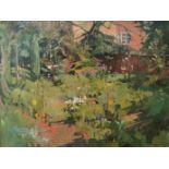 Susan Ryder, British, (1944-), oil on board of country garden, signed and dated. H.137 W.106cm.