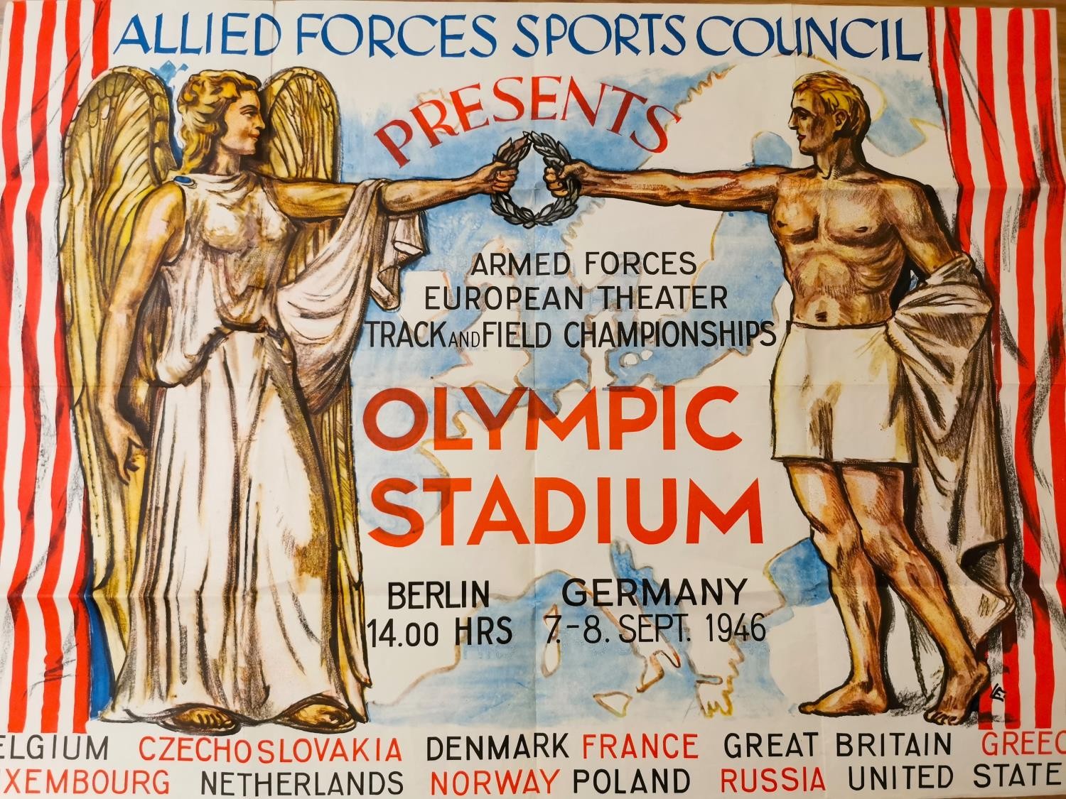 An unframed vintage 1946 Allied Forces Sports Council advertising poster. Olympic Stadium, Berlin,