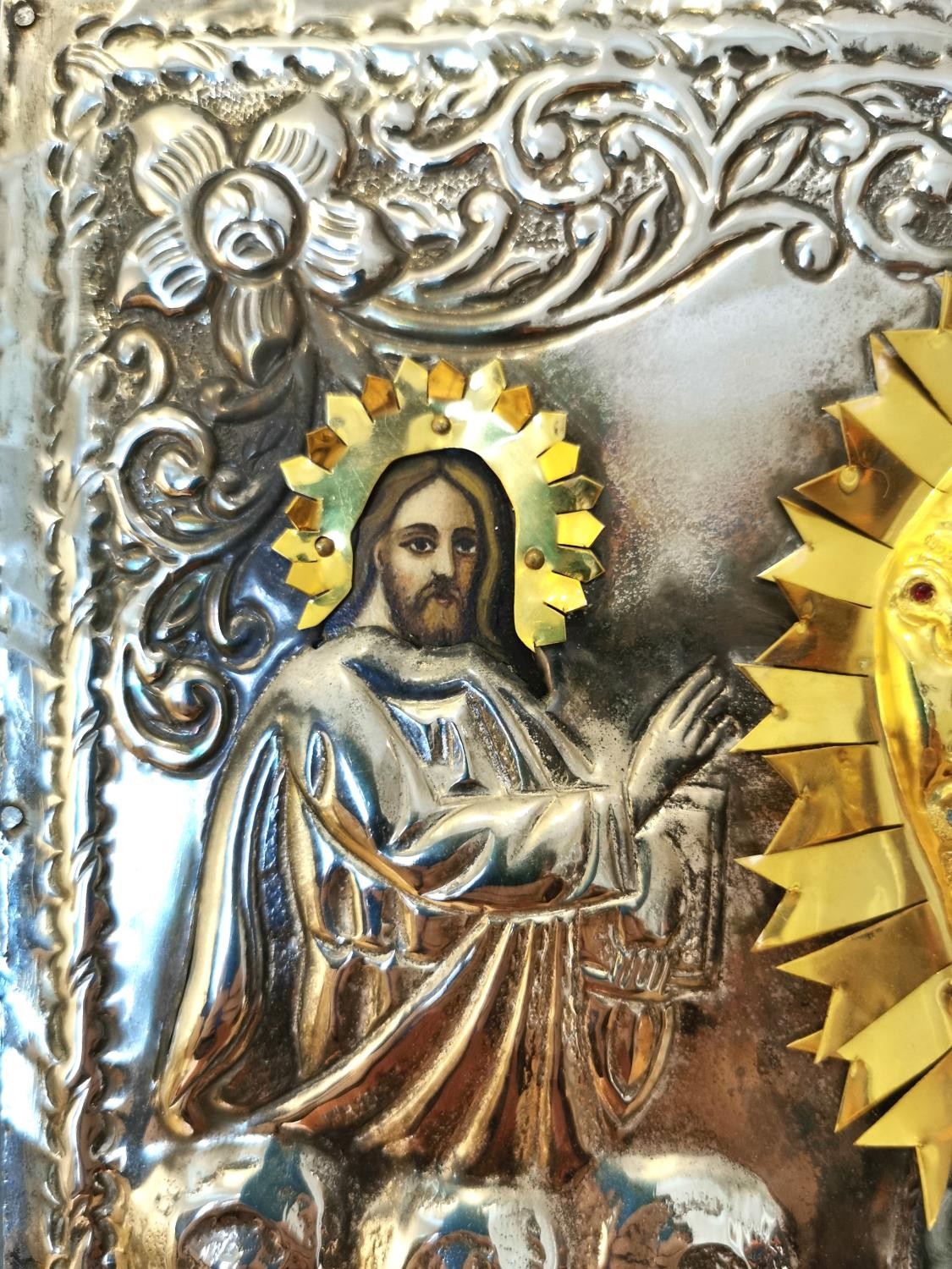 A large Mid-century silver Greek Orthodox icon on board of Saint Frances. Hand painted faces and - Image 4 of 9
