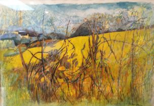 John Elwyn, British, (1916 - 1997), watercolour on paper, rape field landscape with hedgerow,
