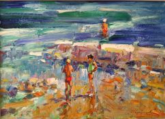 Ken Moroney, British, (1949 - 2018), oil on board, children playing at the beach. Signed. L.67 H.