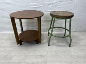 A mid century laminated ply occasional table along with an industrial style stool. H.50 Dia.53cm.