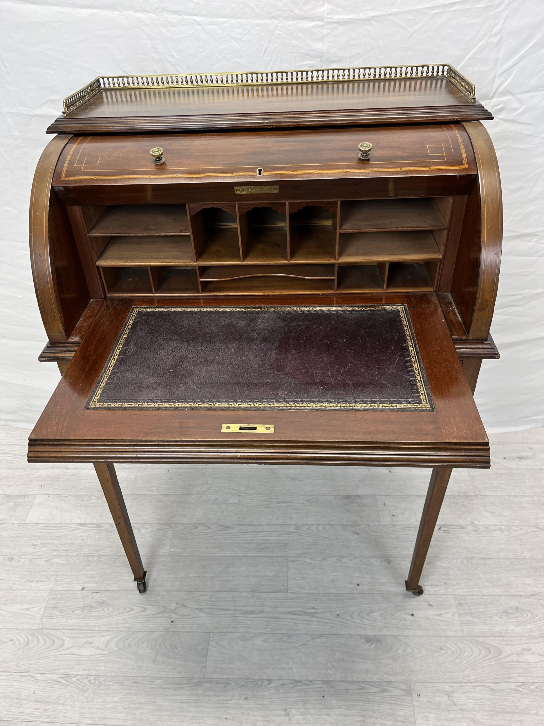 An Edwardian Sheraton style mahogany and satinwood inlaid cylinder bureau with fitted interior and - Image 3 of 10