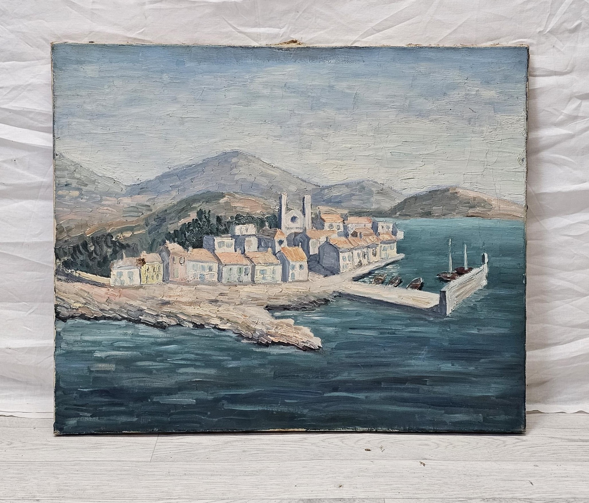 Oil on canvas, Mediterranean harbour town, unframed and unsigned. H.50 W.60cm. - Image 2 of 3