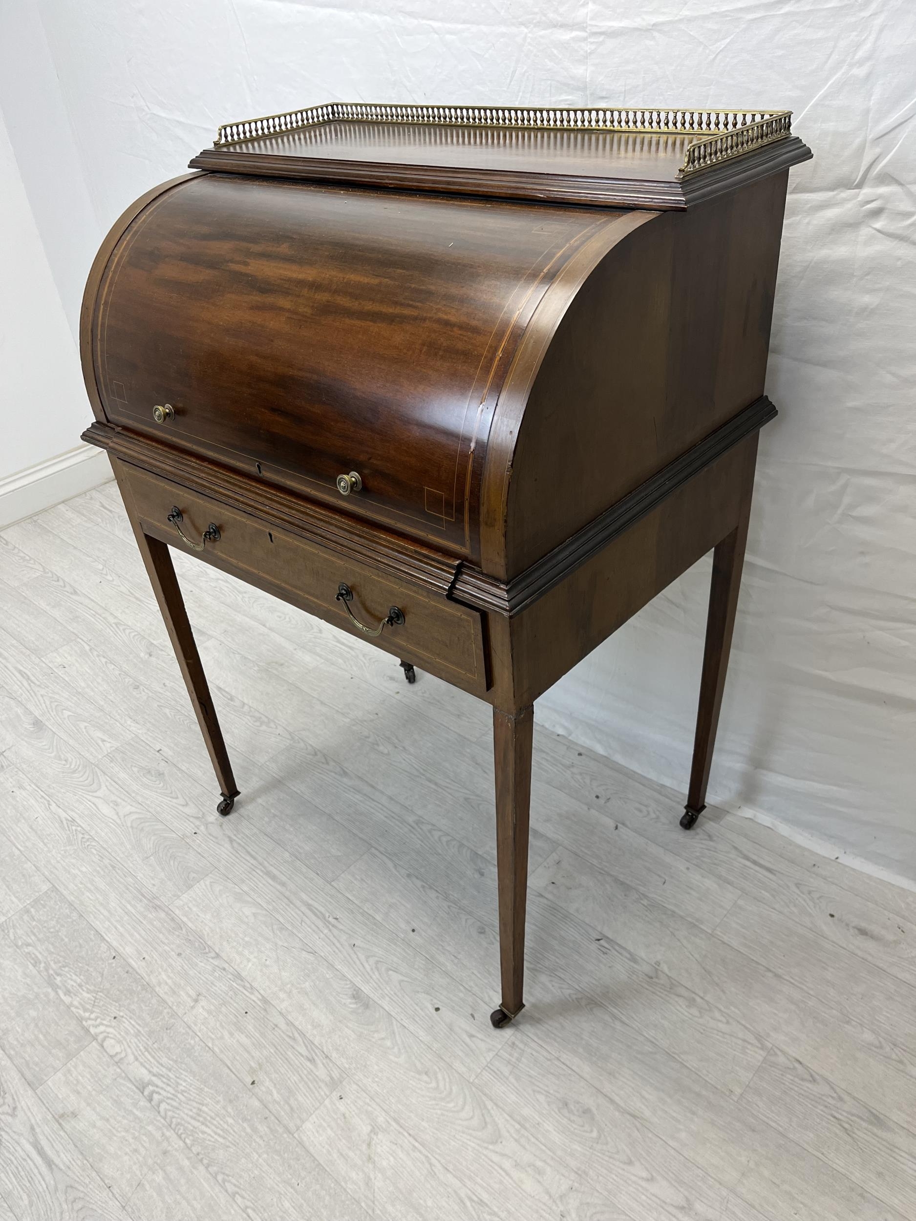 An Edwardian Sheraton style mahogany and satinwood inlaid cylinder bureau with fitted interior and - Image 4 of 10