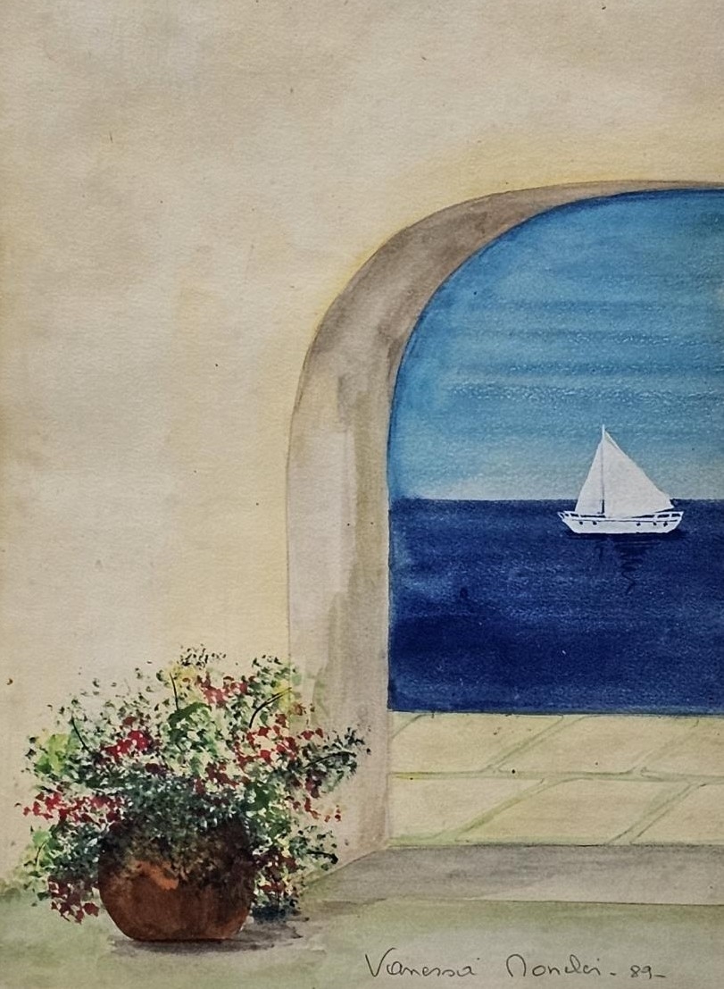 Watercolour, A sailing boat through an arch, signed Vanessa Monelei, framed and glazed. H.47 W.39cm.
