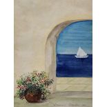 Watercolour, A sailing boat through an arch, signed Vanessa Monelei, framed and glazed. H.47 W.39cm.