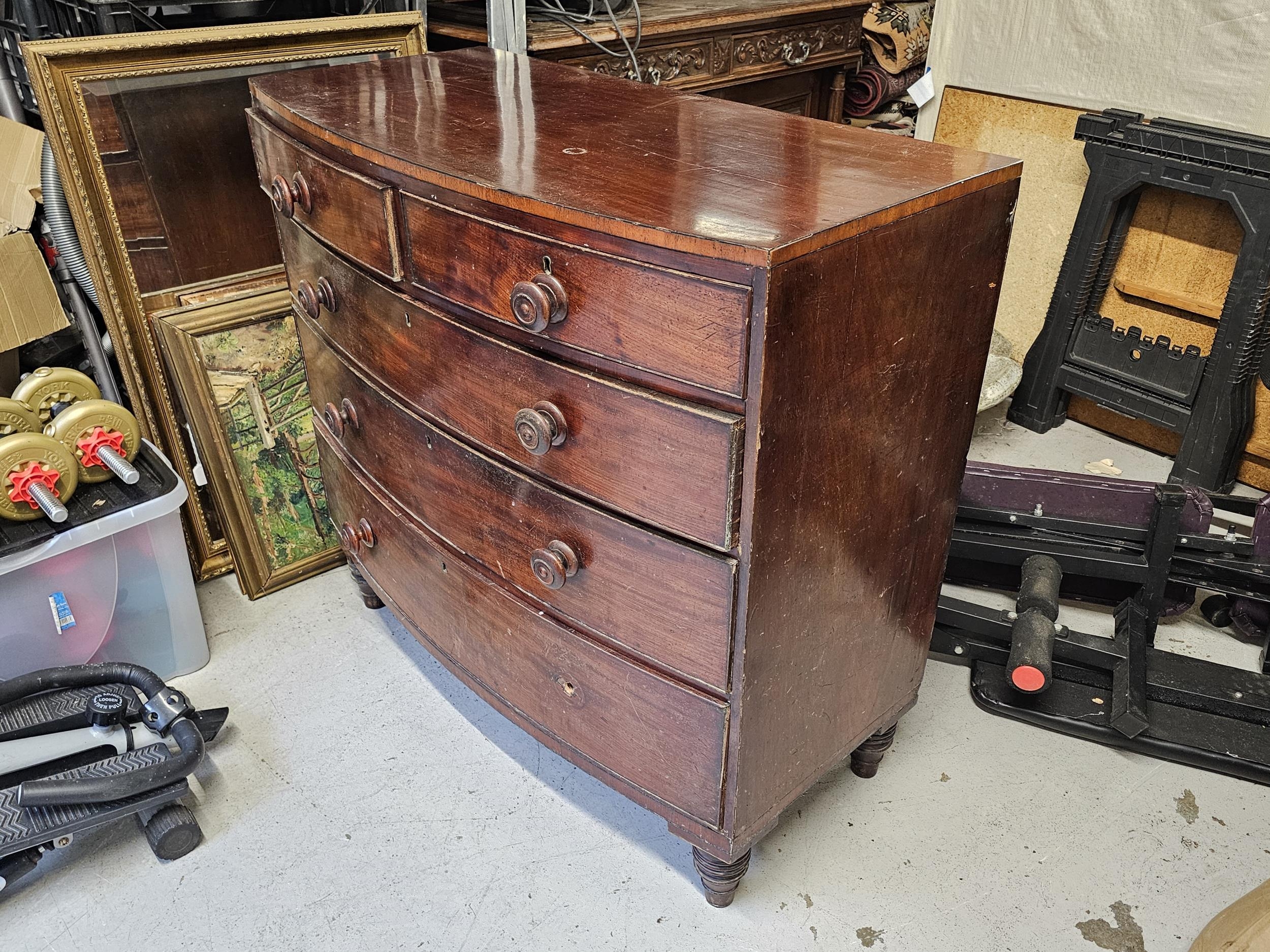 Chest of drawers, Georgian mahogany bowfronted, in need of some repair as seen. H.102 W.107 D.53cm. - Image 5 of 5