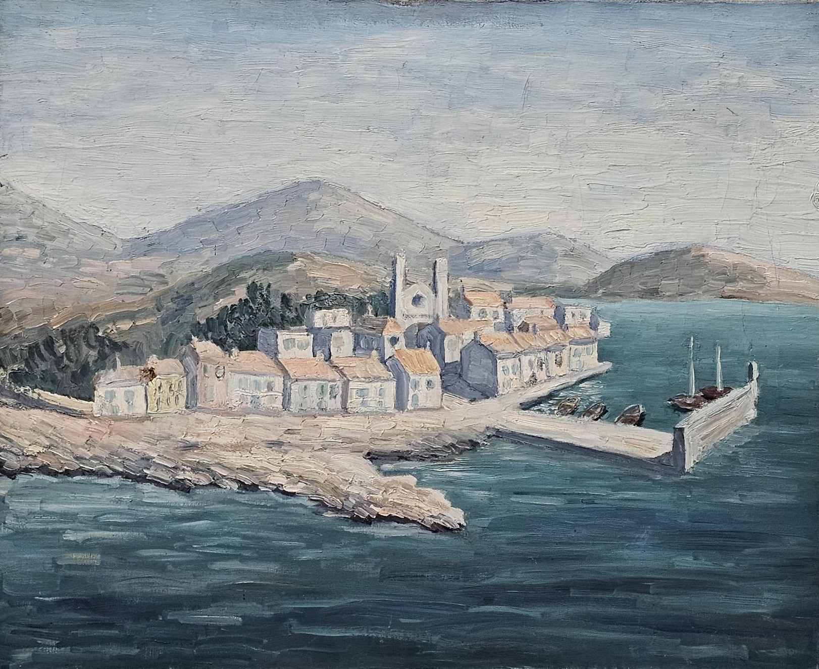 Oil on canvas, Mediterranean harbour town, unframed and unsigned. H.50 W.60cm.