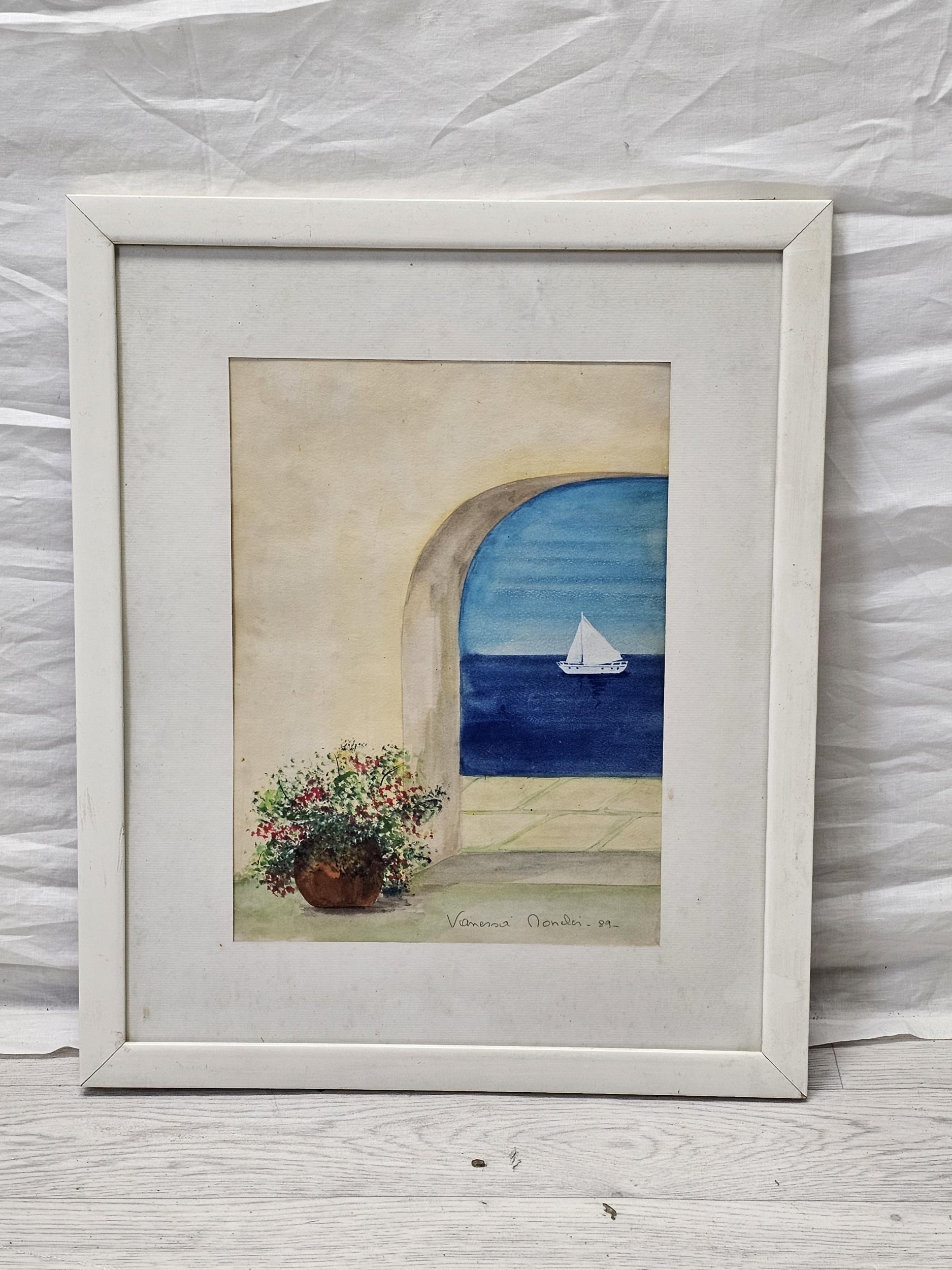 Watercolour, A sailing boat through an arch, signed Vanessa Monelei, framed and glazed. H.47 W.39cm. - Image 2 of 4