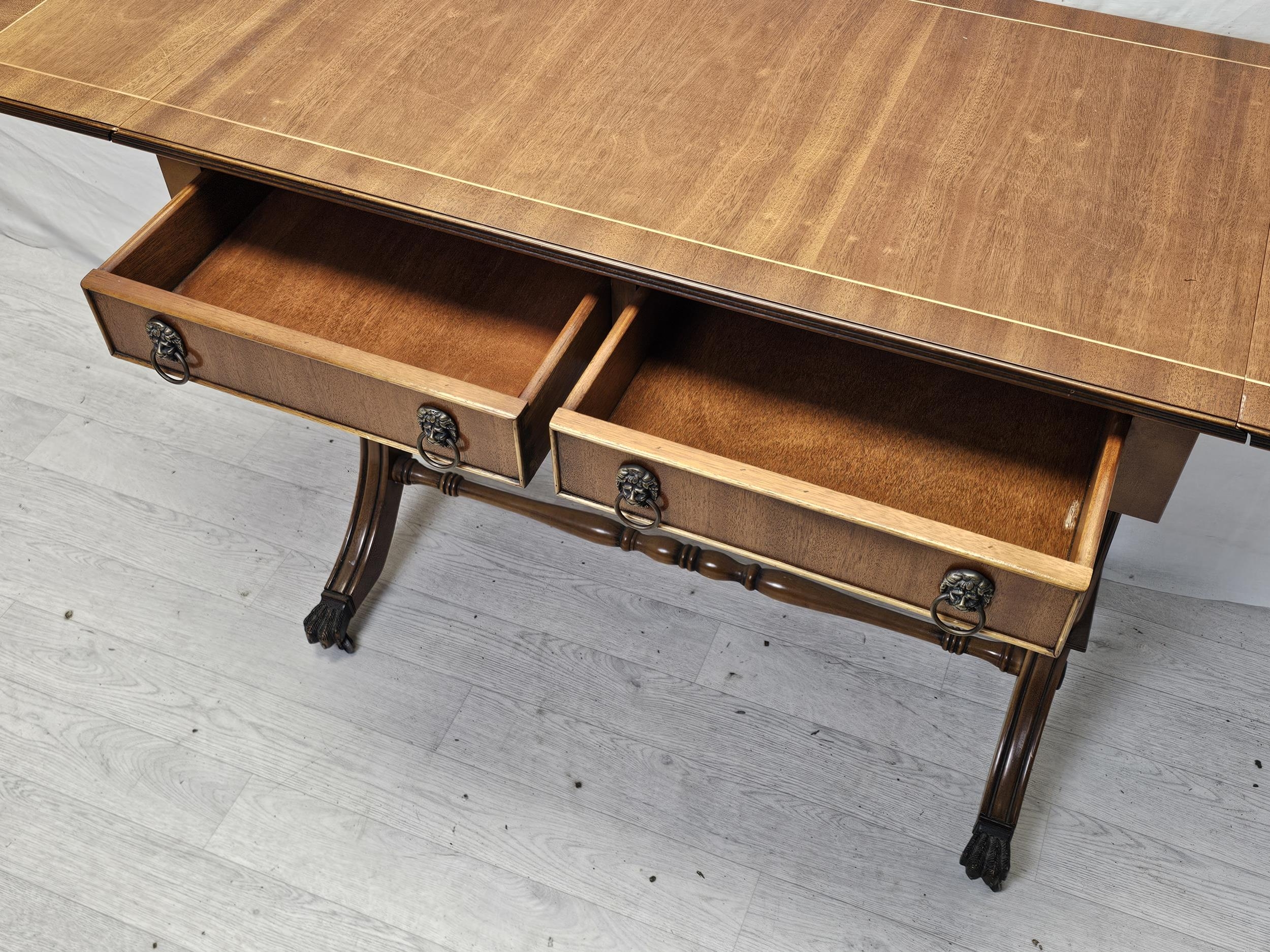 Sofa table, Regency style mahogany and satinwood strung. H.74 W.135 D.89cm. - Image 3 of 8