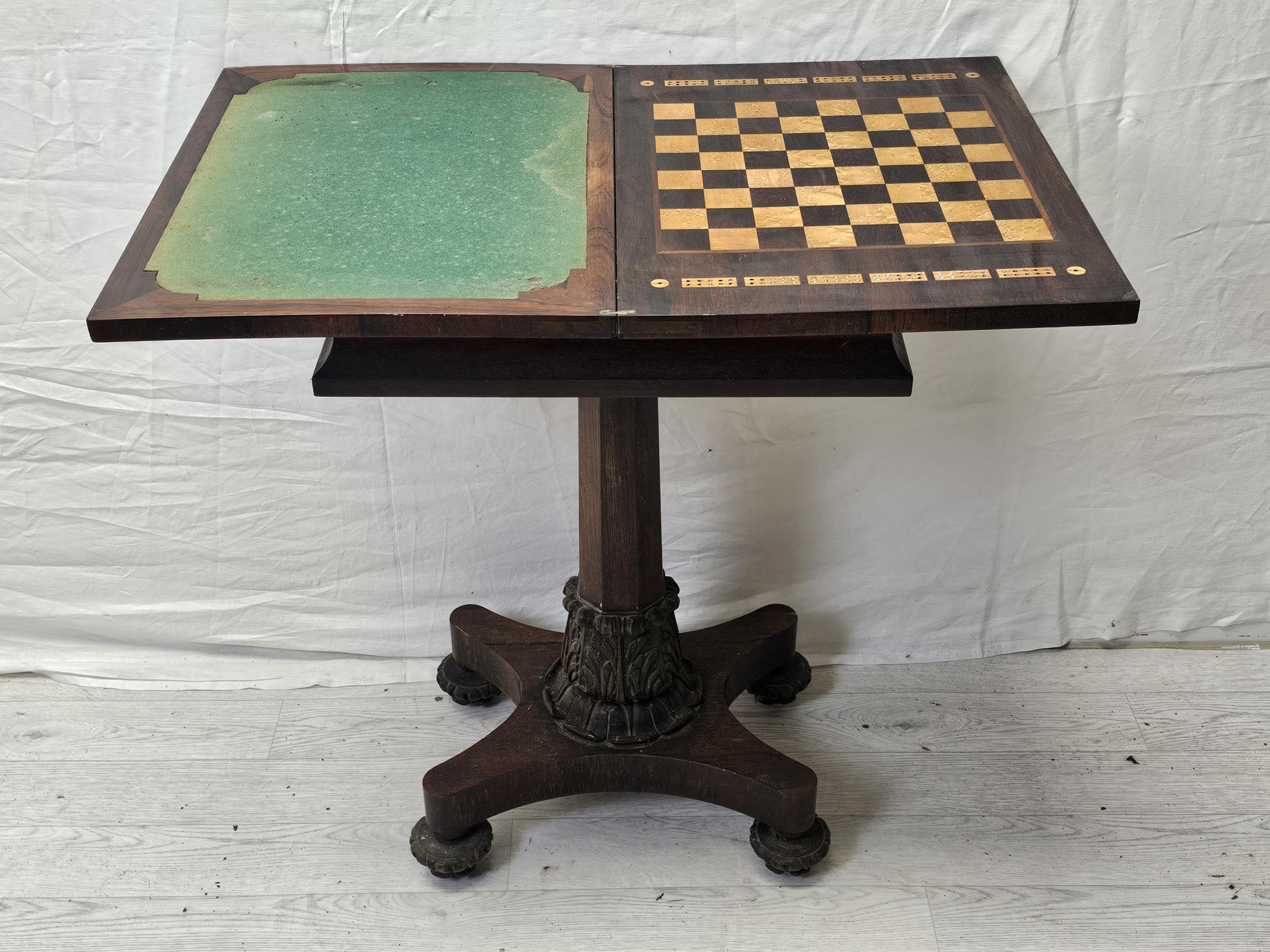A William IV rosewood fold over top chess and card table raised on faceted column and acanthus - Image 3 of 12