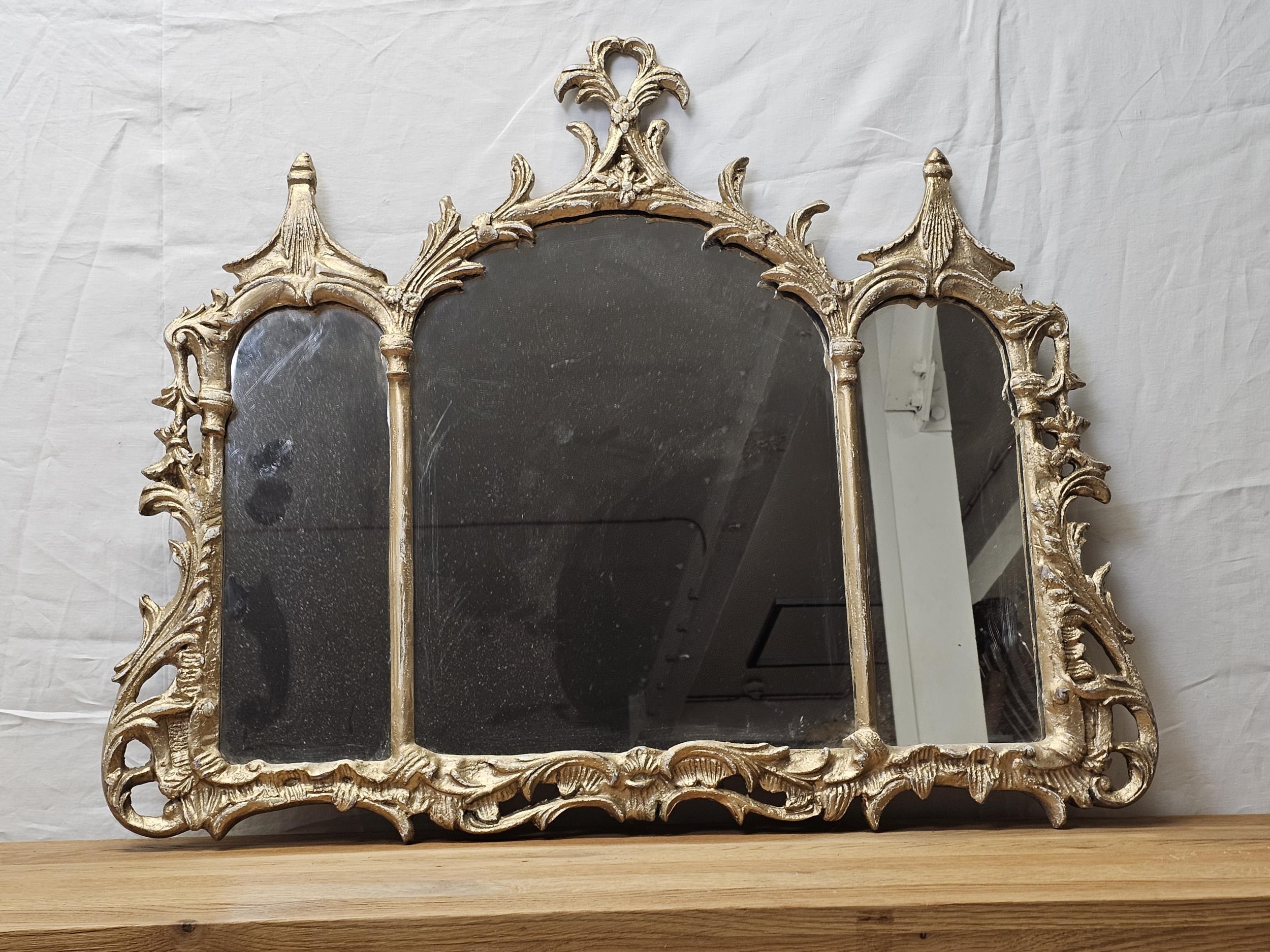 Overmantel mirror, Gilt metal Chinese Chippendale style with triple plates. H.71 W.84cm. - Image 2 of 4