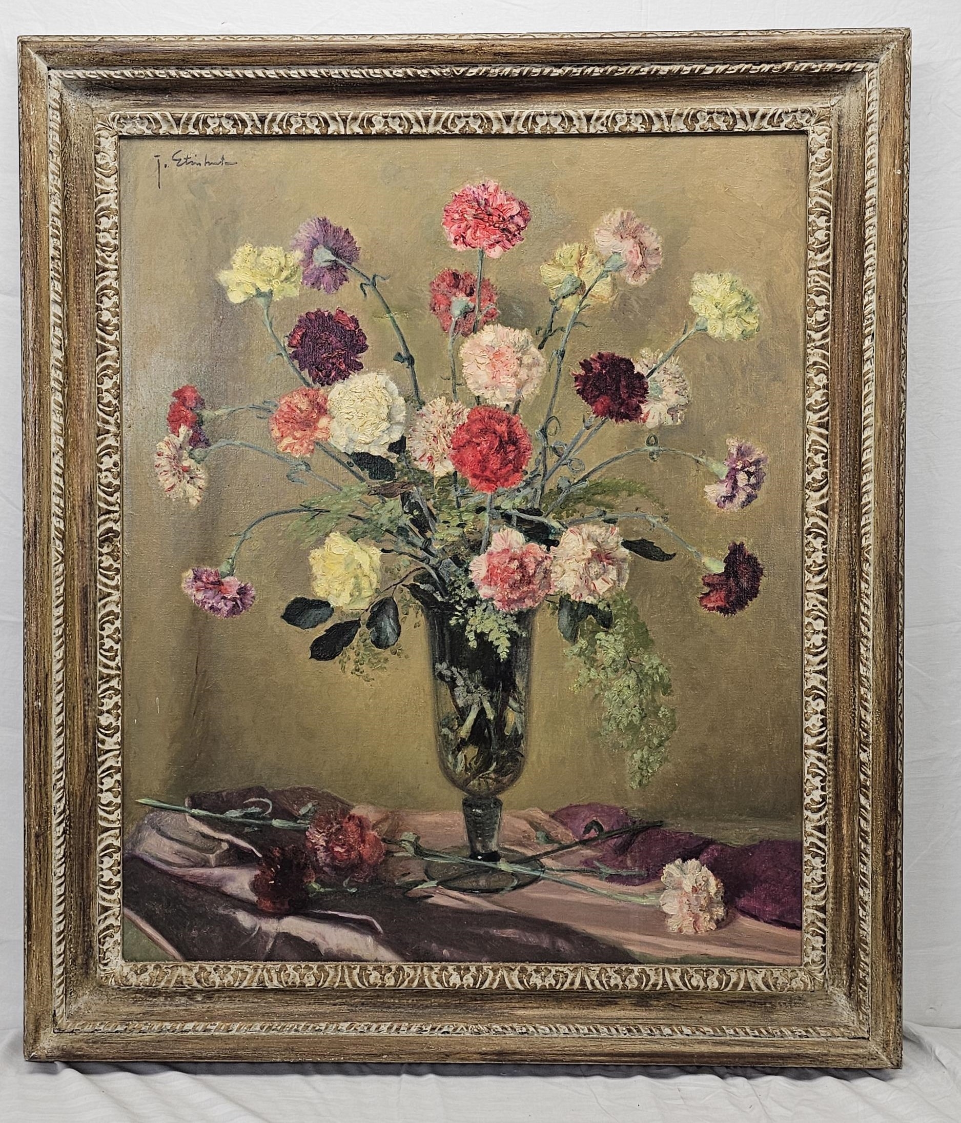 Oil on canvas, mid century gilt framed, carnations in a vase, indistinctly signed with gallery label - Image 2 of 7