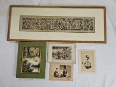 A Chinese silk embroidery, glazed and framed, a Chinese watercolour and old photographs. Silk is H.
