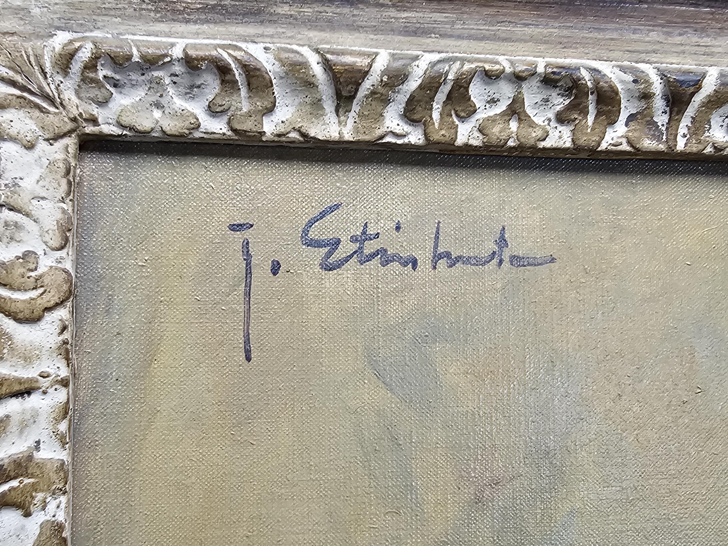 Oil on canvas, mid century gilt framed, carnations in a vase, indistinctly signed with gallery label - Image 3 of 7