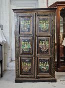 Hall cupboard, Indian teak with all-over hand painted decoration. H.191 W.91 D.50cm.