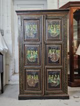 Hall cupboard, Indian teak with all-over hand painted decoration. H.191 W.91 D.50cm.