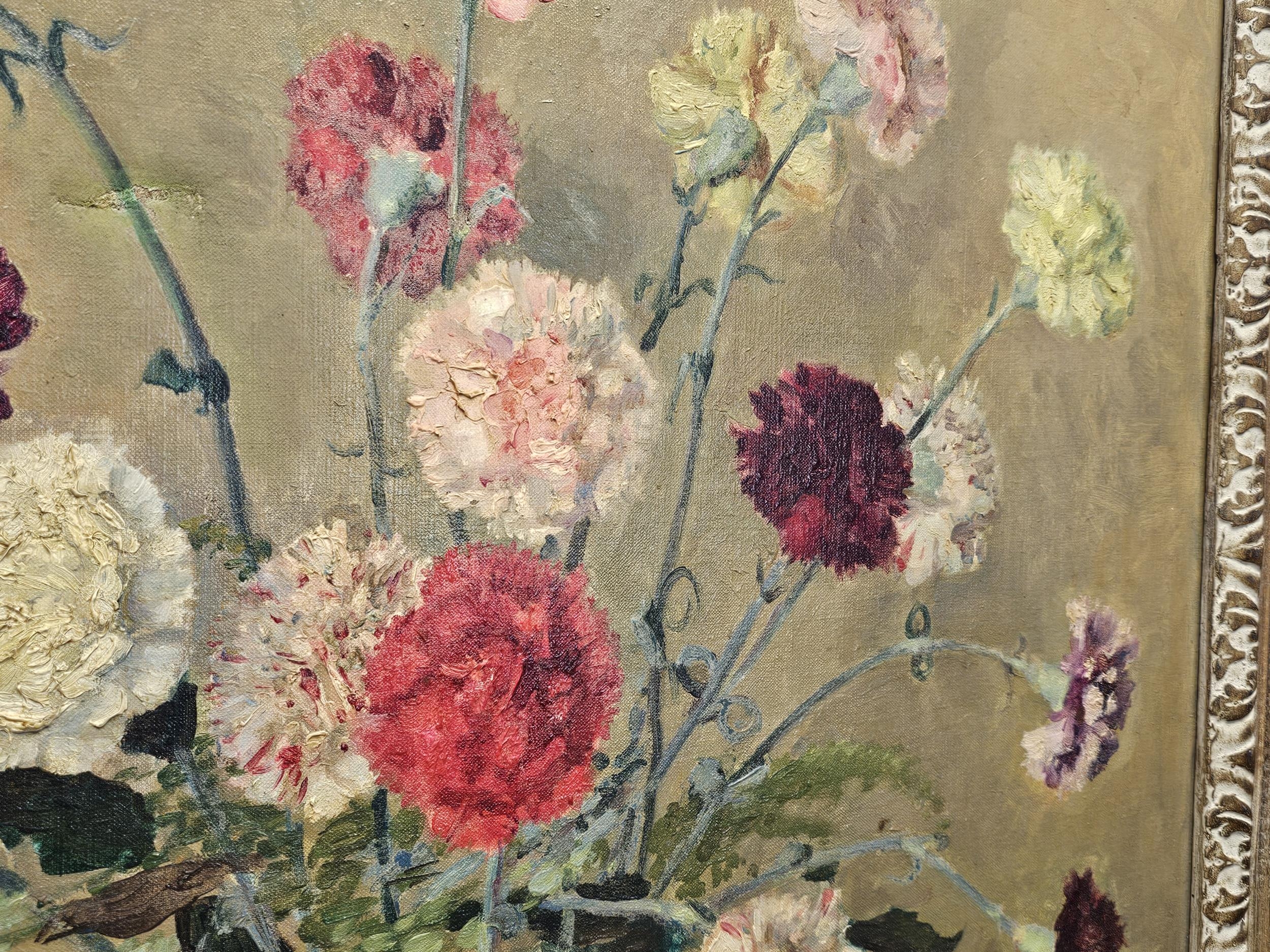 Oil on canvas, mid century gilt framed, carnations in a vase, indistinctly signed with gallery label - Image 4 of 7