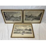 A set of three 19th century framed and glazed engravings. H.31 W.41cm.