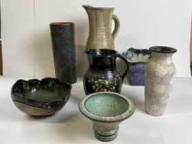 A miscellaneous collection of studio pottery, jugs, vases and bowls, seven pieces. Tallest is H.