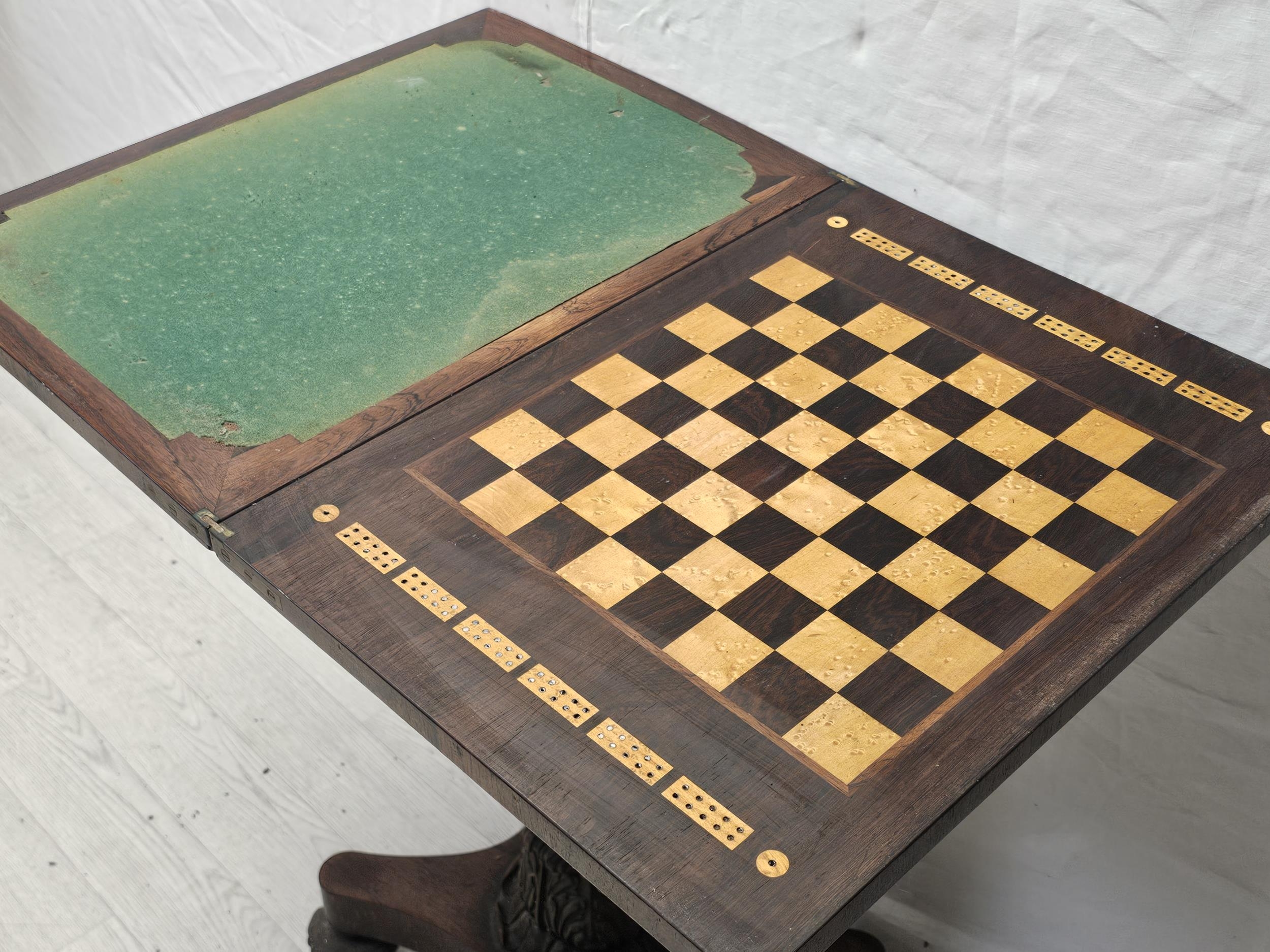 A William IV rosewood fold over top chess and card table raised on faceted column and acanthus - Image 4 of 12