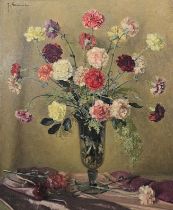 Oil on canvas, mid century gilt framed, carnations in a vase, indistinctly signed with gallery label