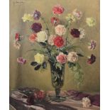 Oil on canvas, mid century gilt framed, carnations in a vase, indistinctly signed with gallery label