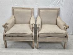 A pair of distressed painted Continental style armchairs.