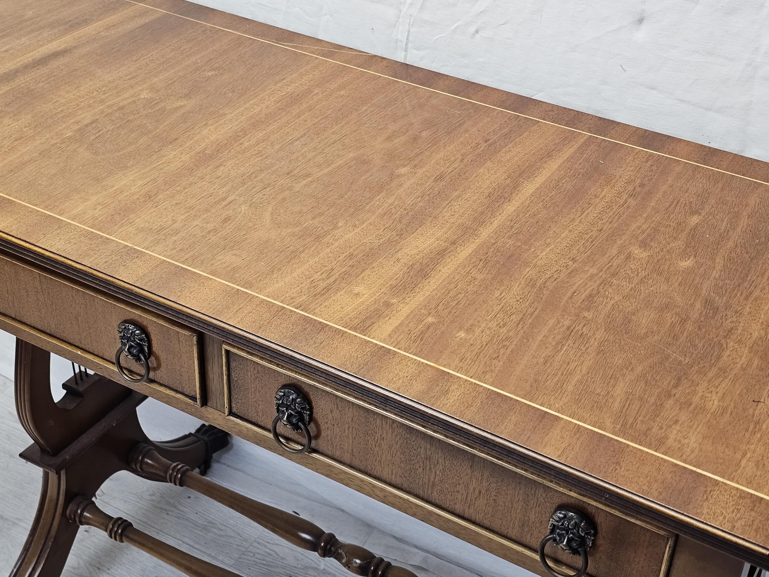 Sofa table, Regency style mahogany and satinwood strung. H.74 W.135 D.89cm. - Image 7 of 8